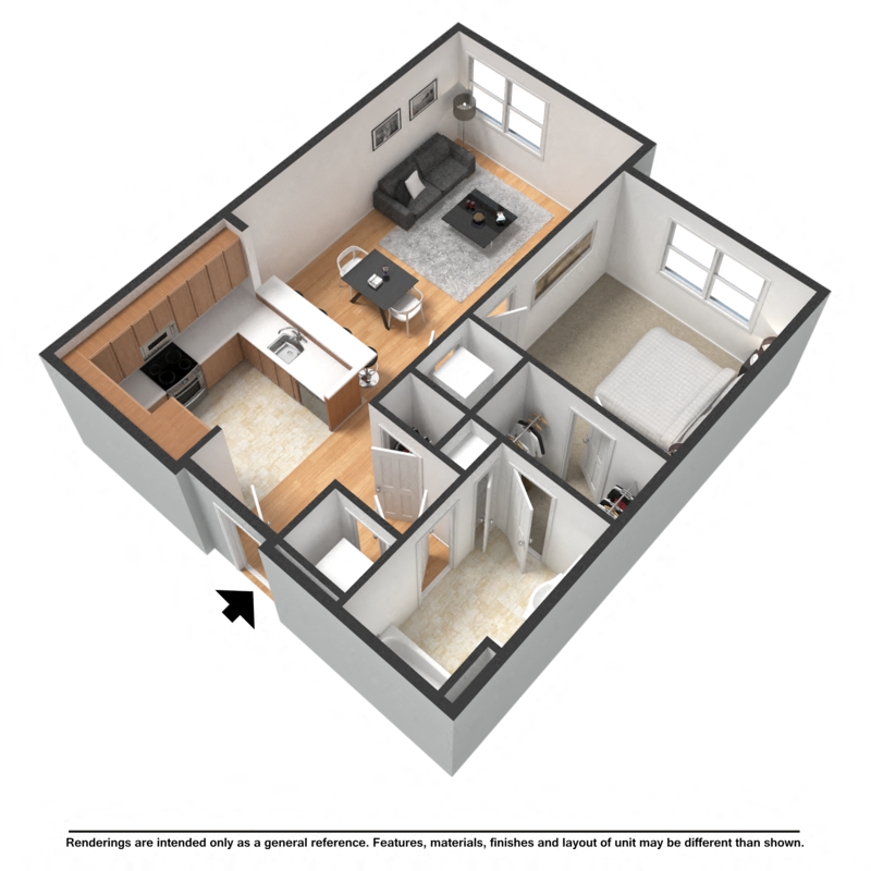 Floor plan for 1 bed, 1 bath, 689 sqft